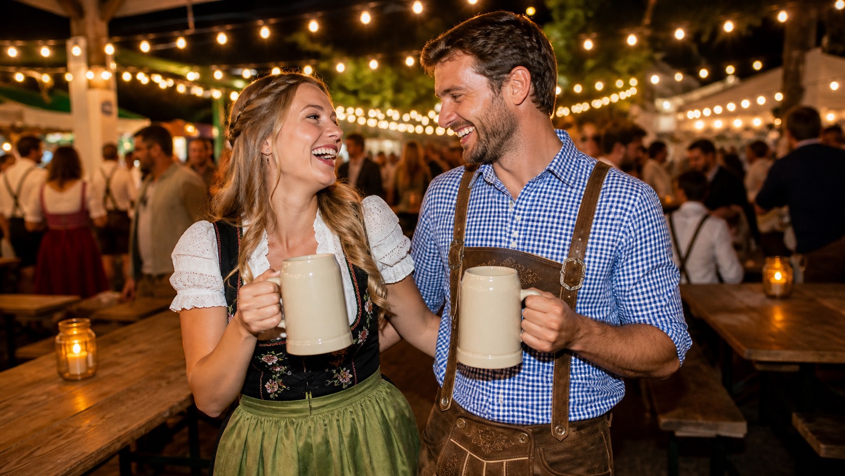 A couple wearing coordinated dirndl and lederhosen costumes at an evening Oktoberfest-themed party
