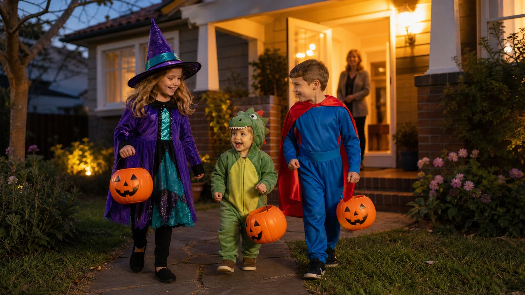 Kids in fun, not-too-scary Halloween costumes trick-or-treating