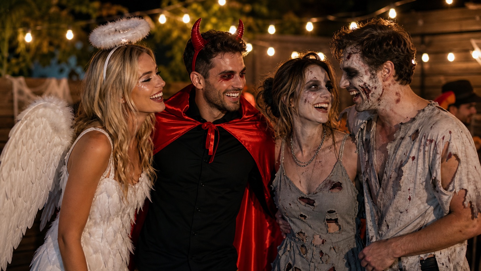 Four friends in coordinated Halloween costumes laughing at an outdoor evening party