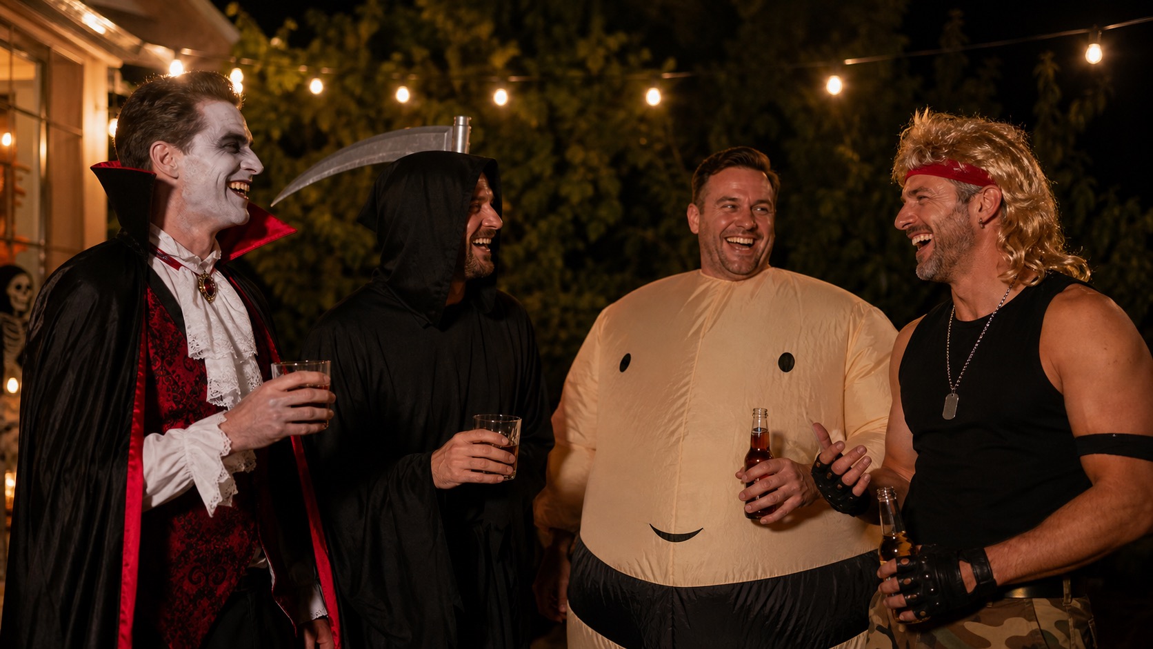 Four men wearing different Halloween costumes at an evening backyard party