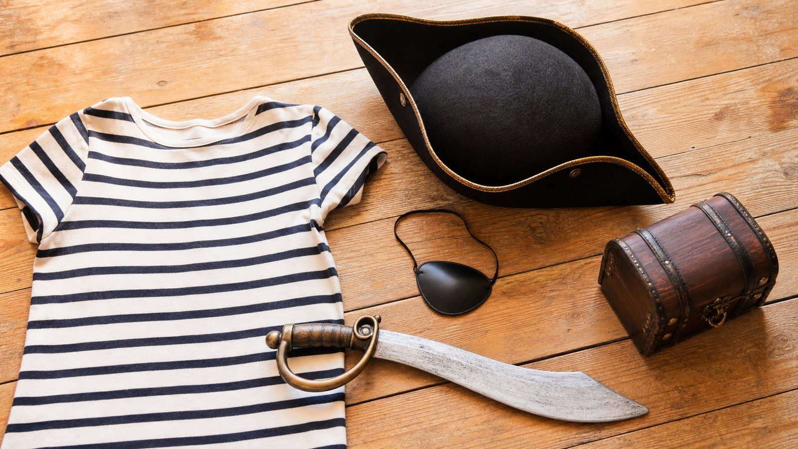 Pirate costume pieces including a hat, eye patch and sash flat-laid for kids and adults