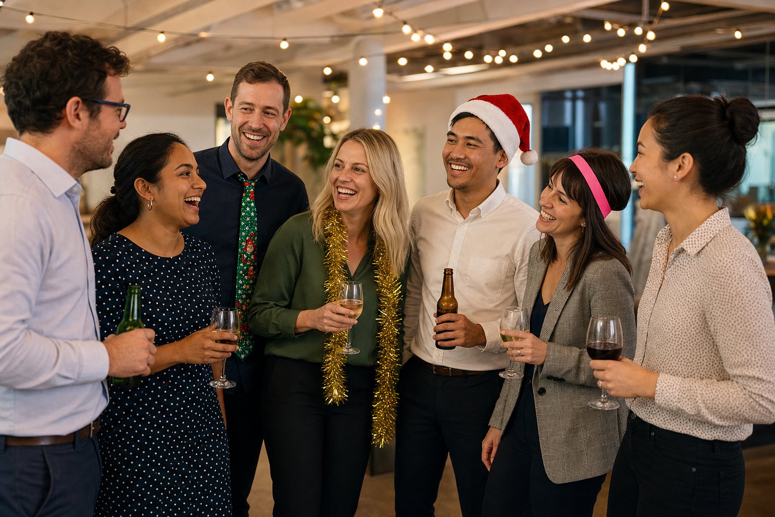 Group of Australian office colleagues in coordinated costumes at a work party