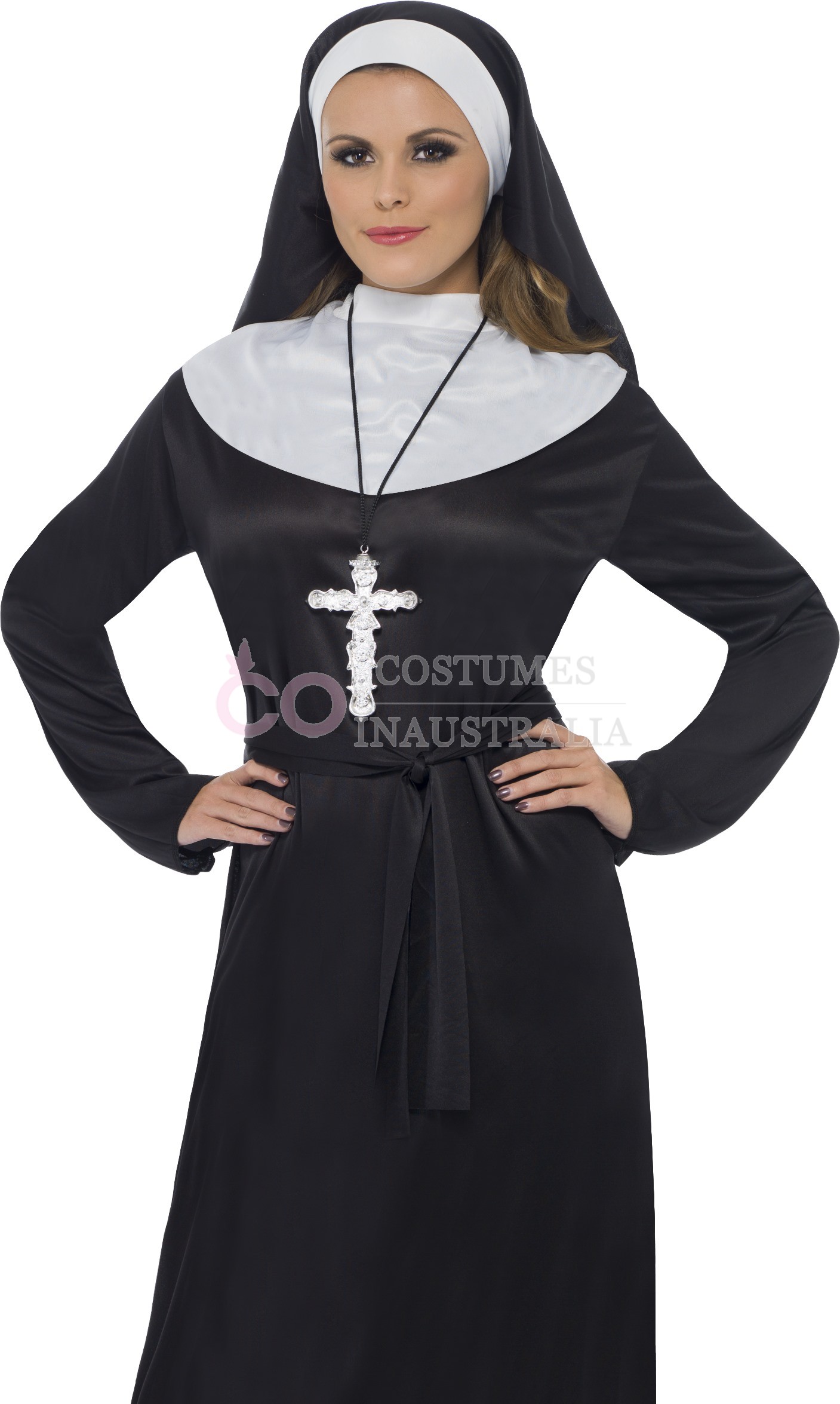 Nonnenkostüm Für Damen – Inkl. Holzkreuz-Halskette, Für Halloween & Kostümpartys (Größe S)