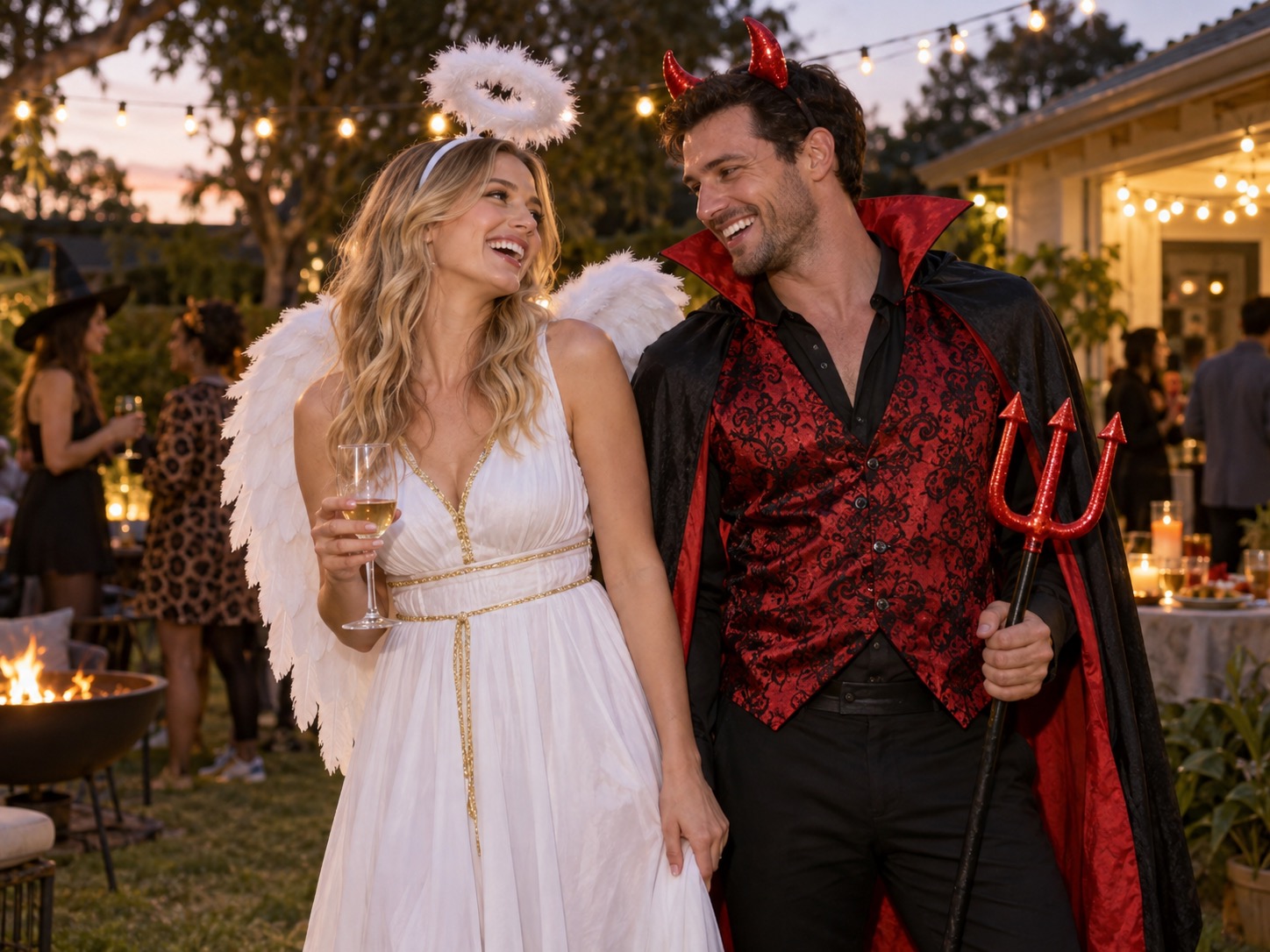 Two adults wearing coordinated white angel and red-and-black devil costumes at an evening party