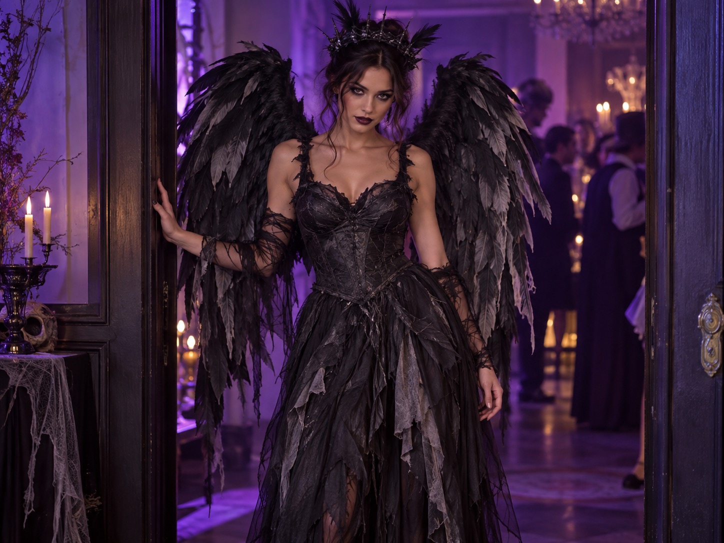 Person wearing a structured dark angel costume with tattered black wings in a moody doorway
