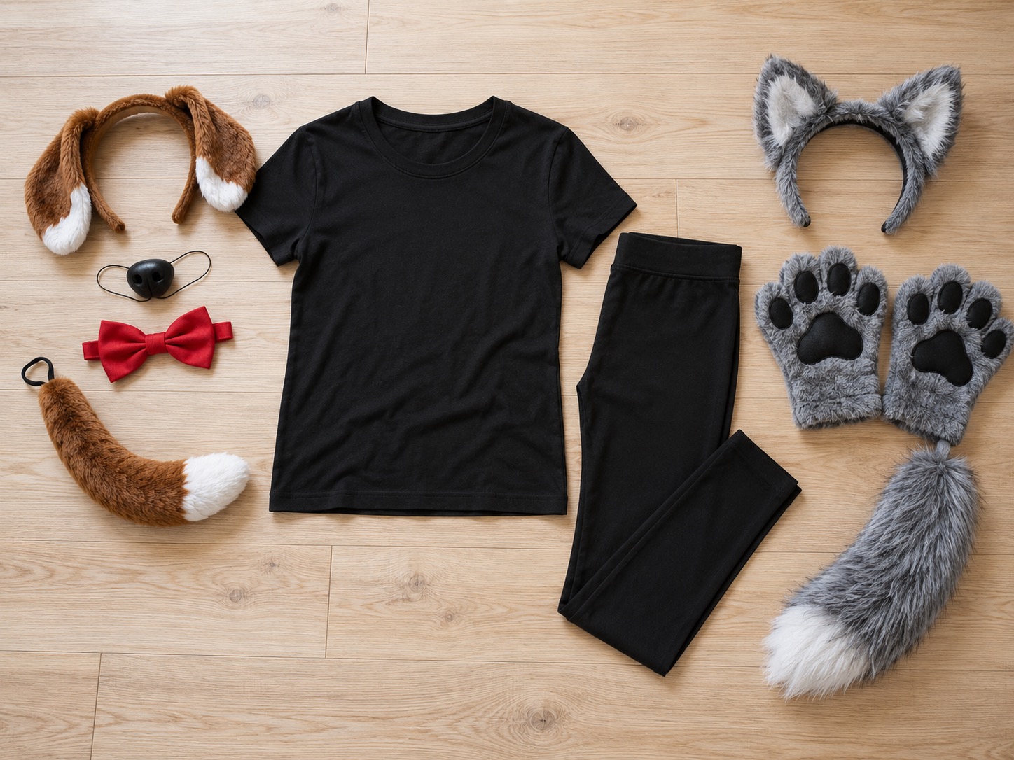 Puppy and wolf costume accessories arranged beside plain black clothes on a pale wooden floor