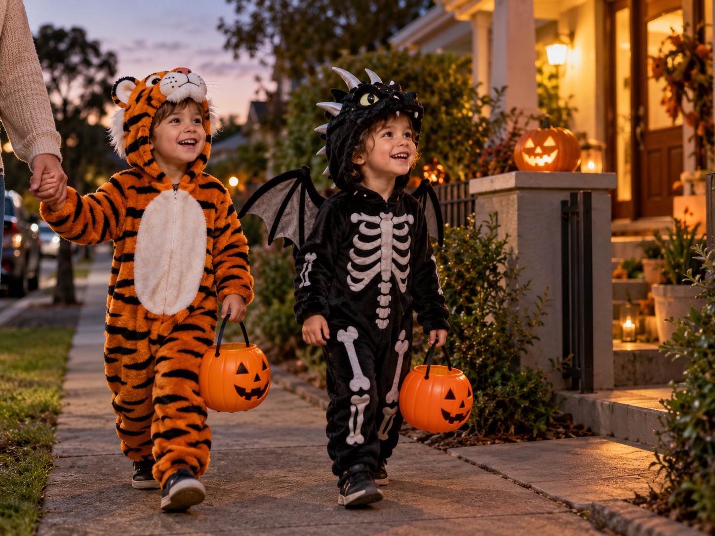 Children in tiger and skeleton dragon costumes trick-or-treating on an Australian suburban footpath at dusk