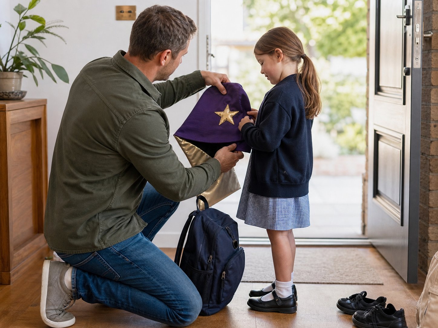 Child wearing Book Week costume accessories while carrying a school bag