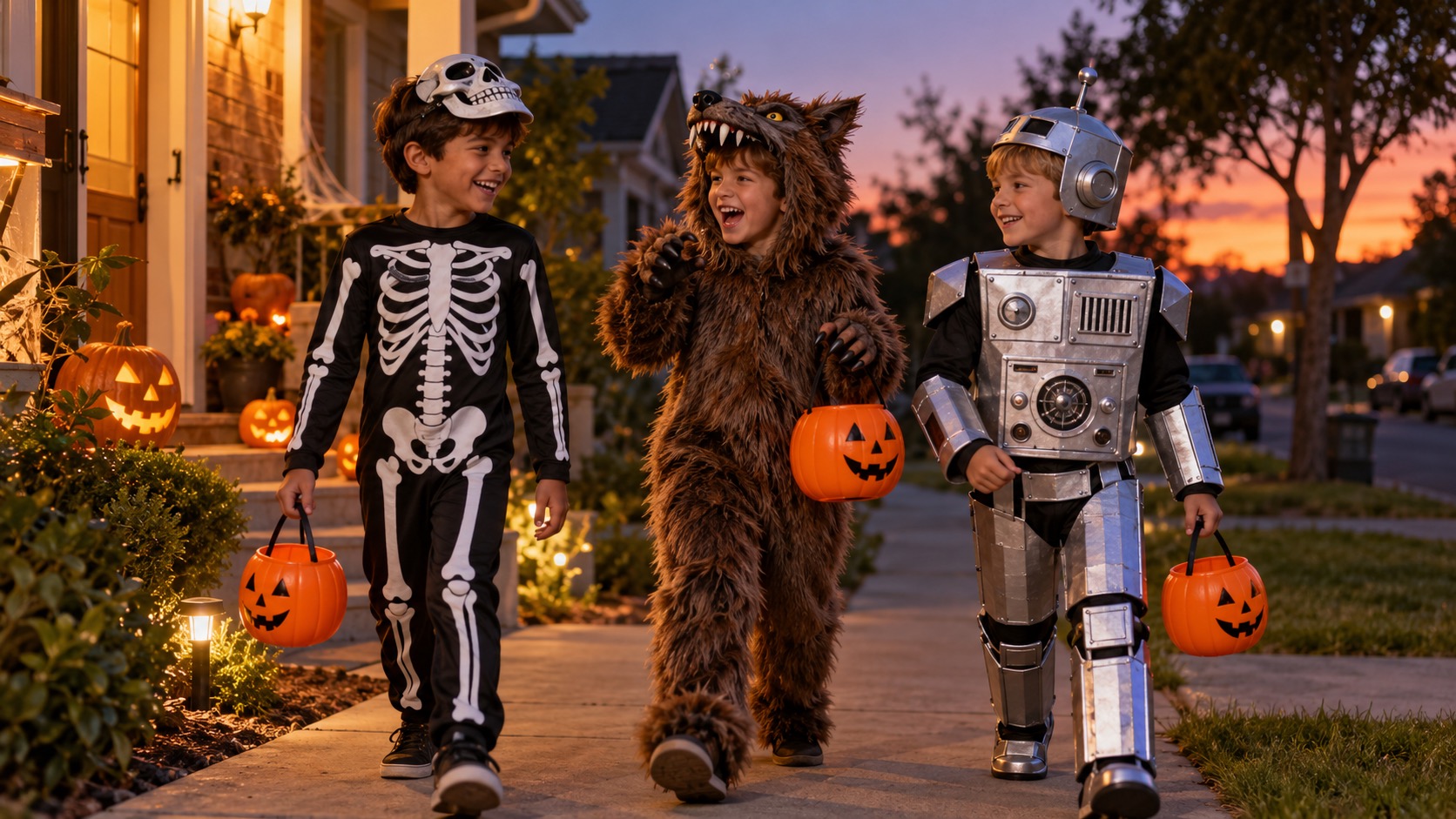 Three boys in skeleton, werewolf and silver robot costumes carrying pumpkin buckets on an Australian front path at dusk