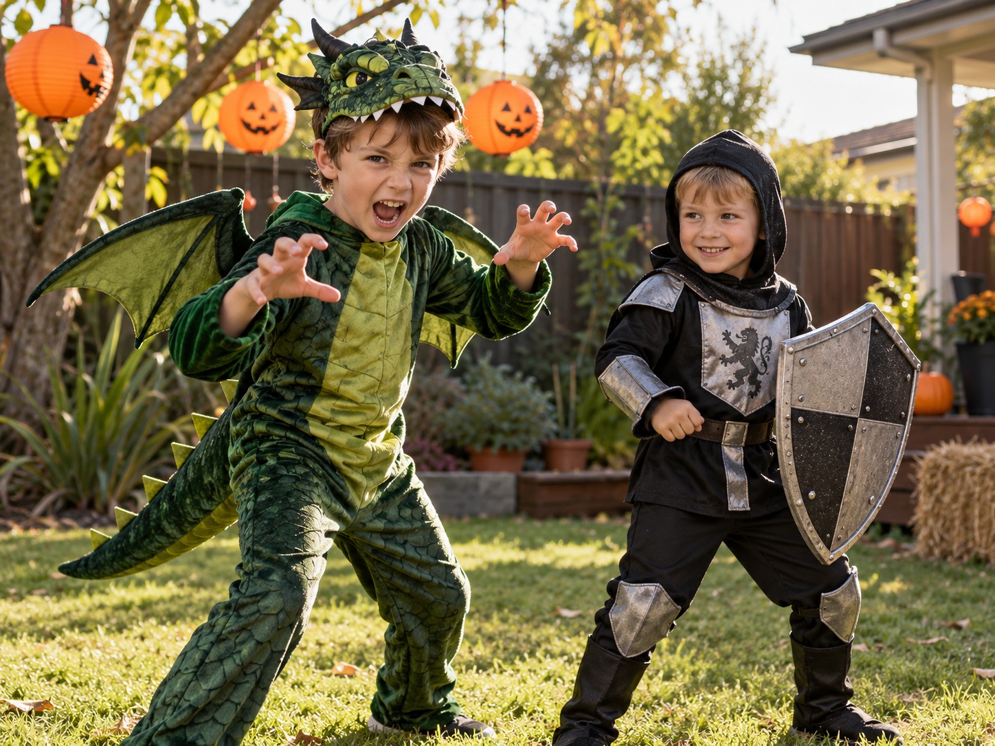 Two boys dressed as a winged dragon and a black knight in a backyard with orange Halloween lanterns
