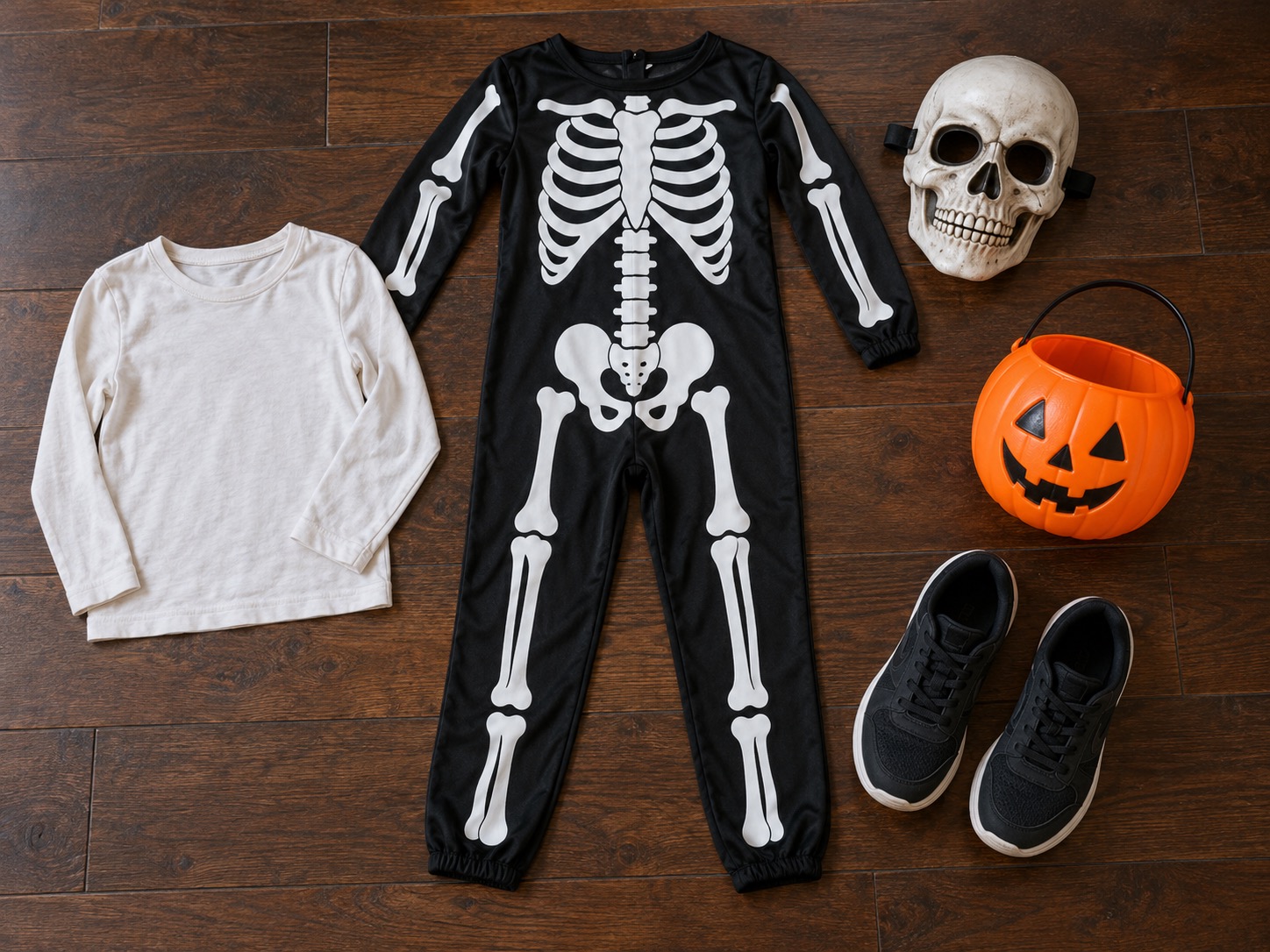 Skeleton costume, liftable skull mask, pumpkin bucket, layering top and walking shoes arranged on a dark wooden floor