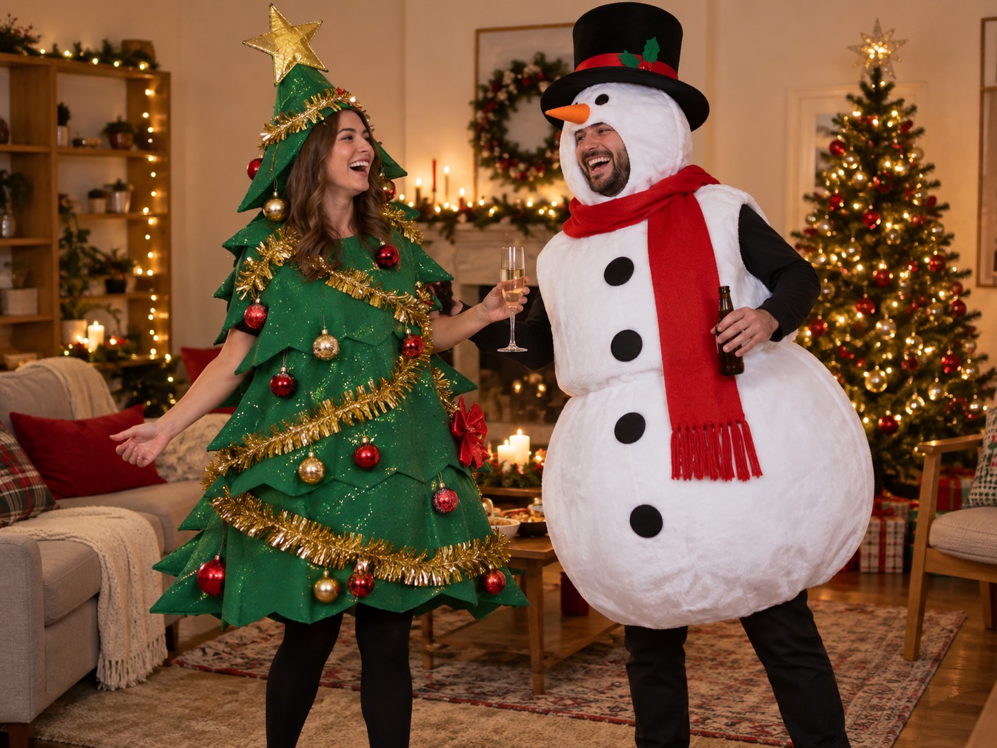 Adults wearing Christmas tree and snowman novelty costumes at a festive indoor party