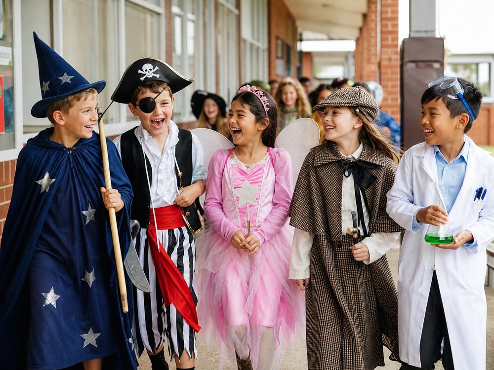 Upper primary students in Book Week parade costumes