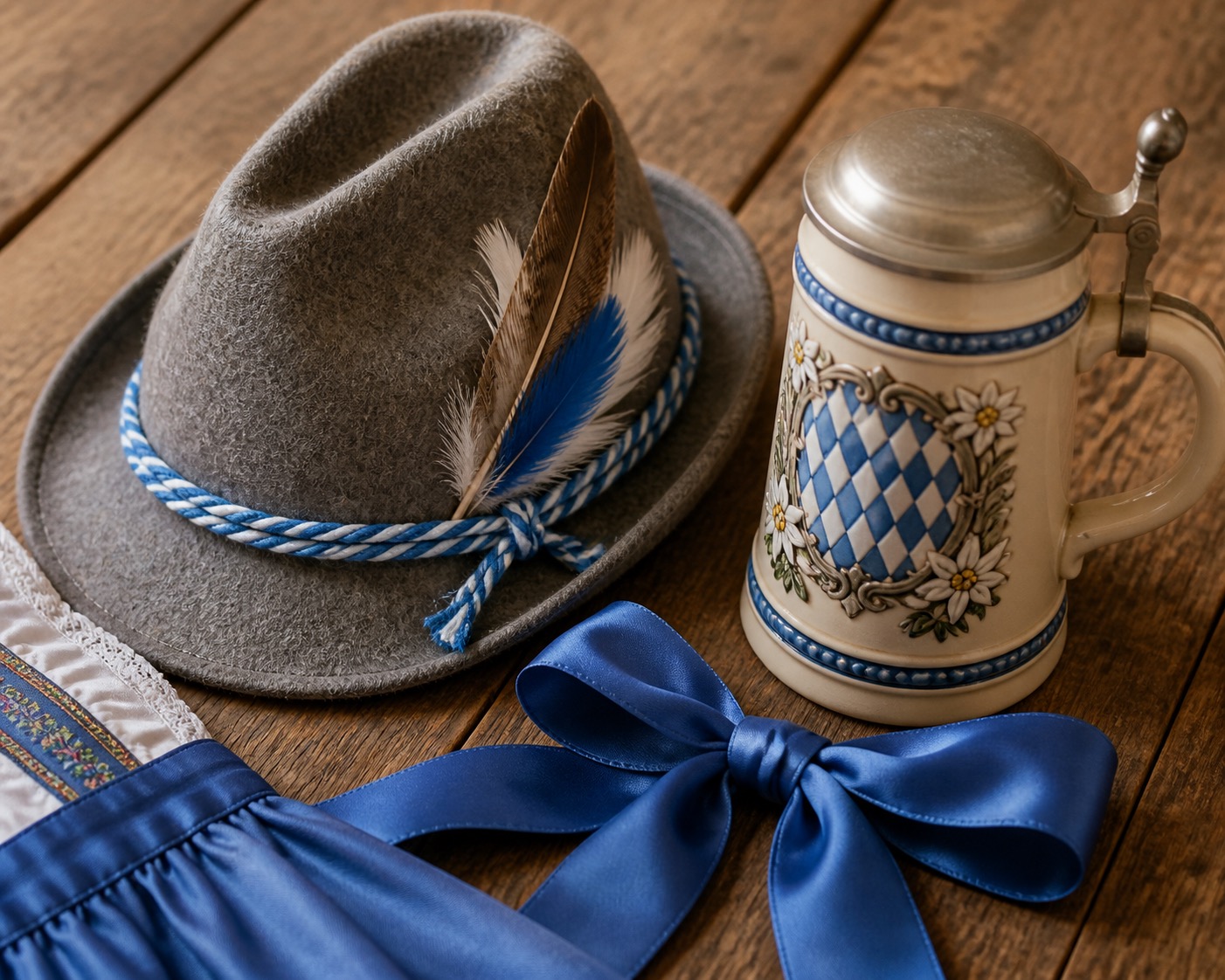 Matching Oktoberfest couple accessories arranged on a rustic wooden table