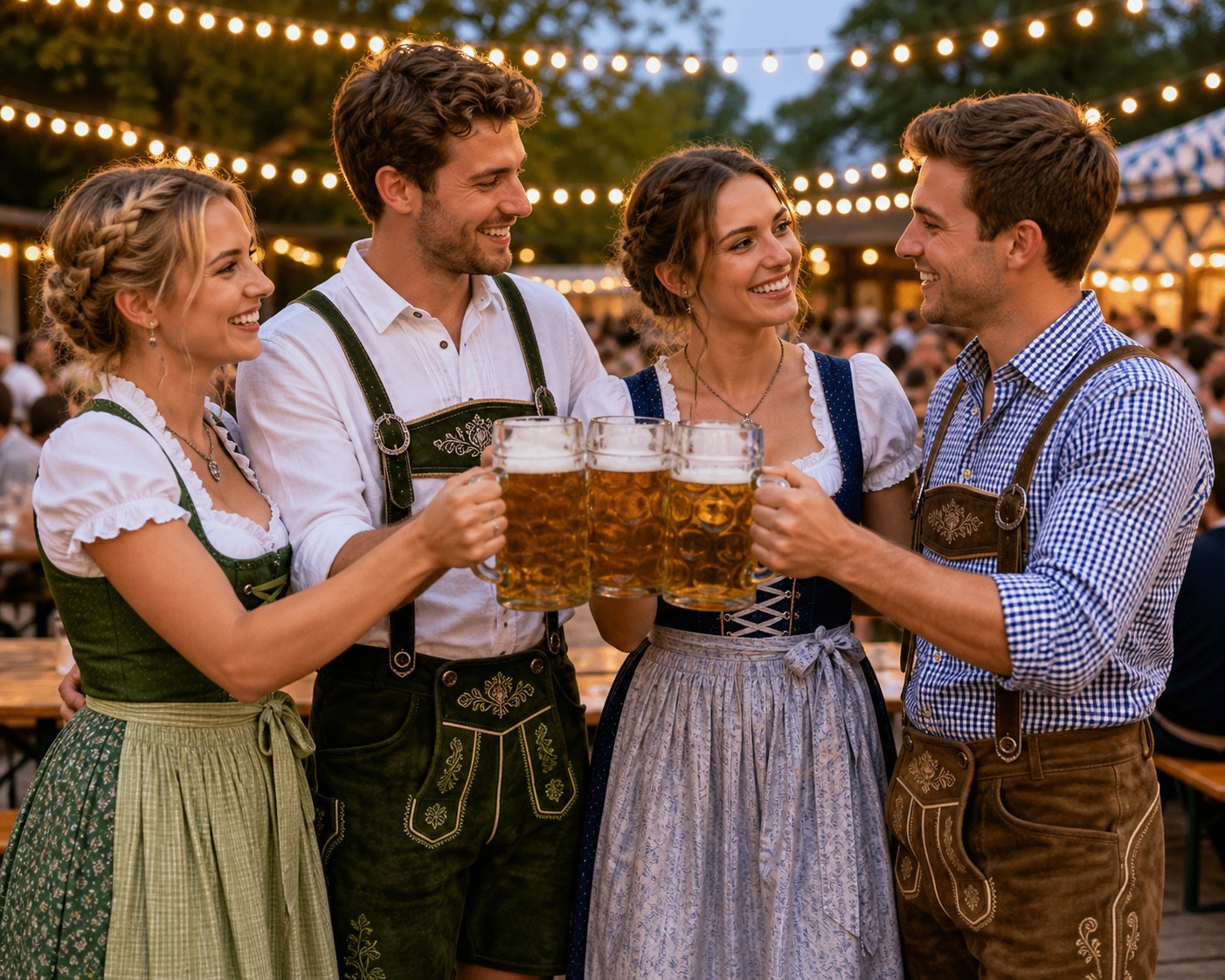 Two couples in coordinated dirndl and lederhosen costumes at an outdoor Oktoberfest party