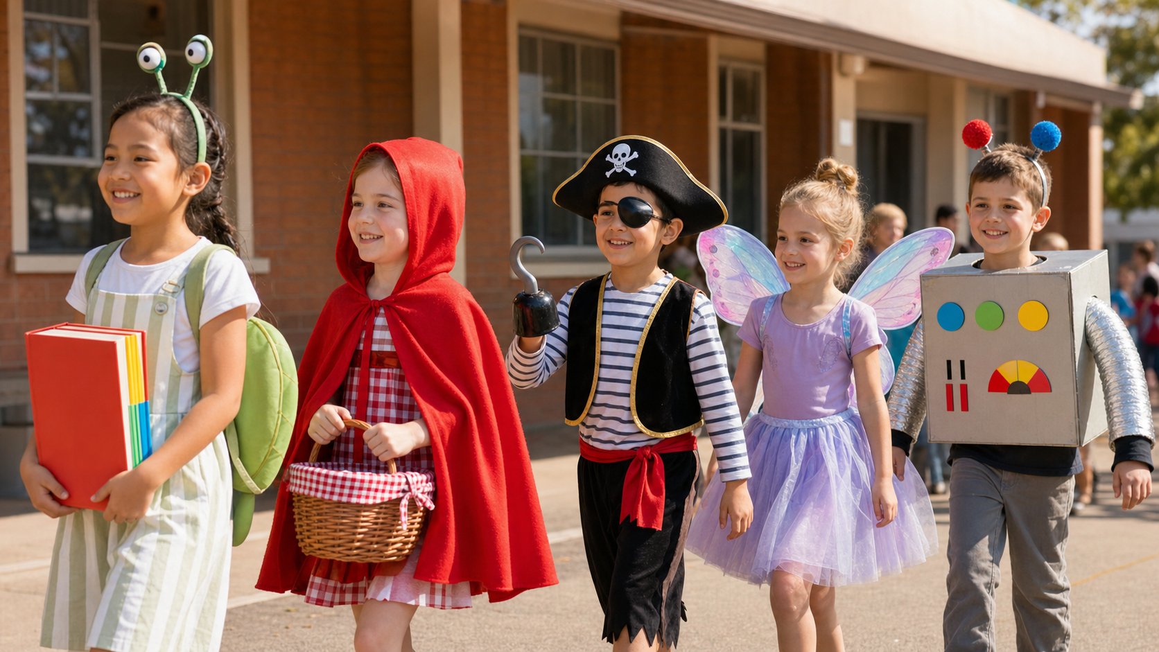 Kids in easy Book Week costumes walking in a school parade