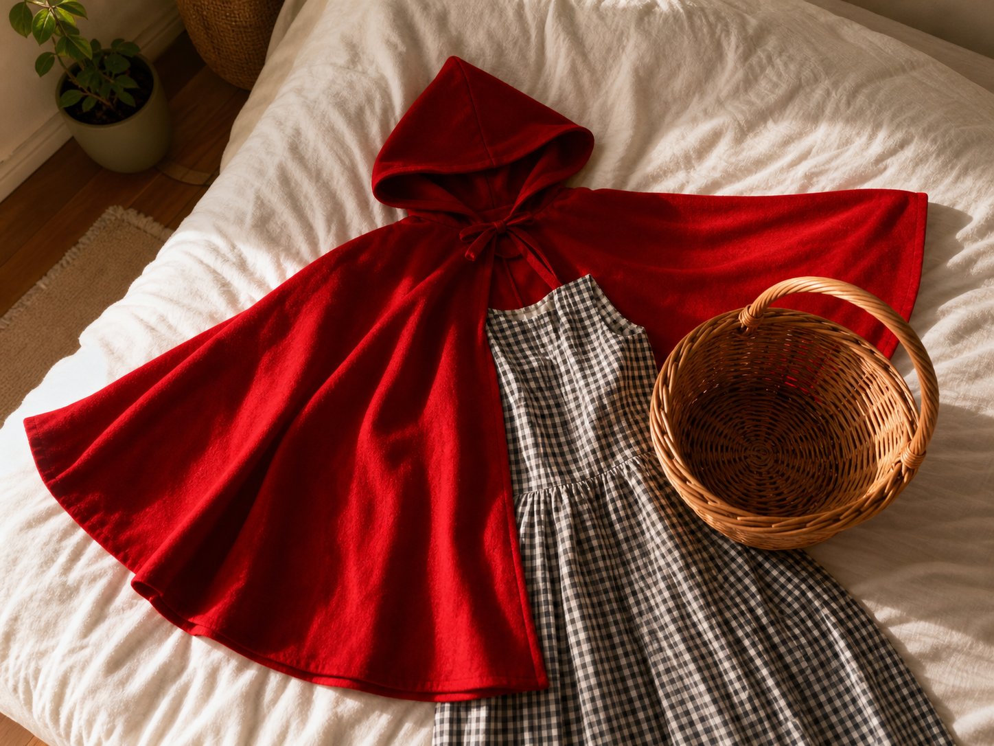 Little Red Riding Hood look flat lay: red hooded cape, wicker basket and checked dress