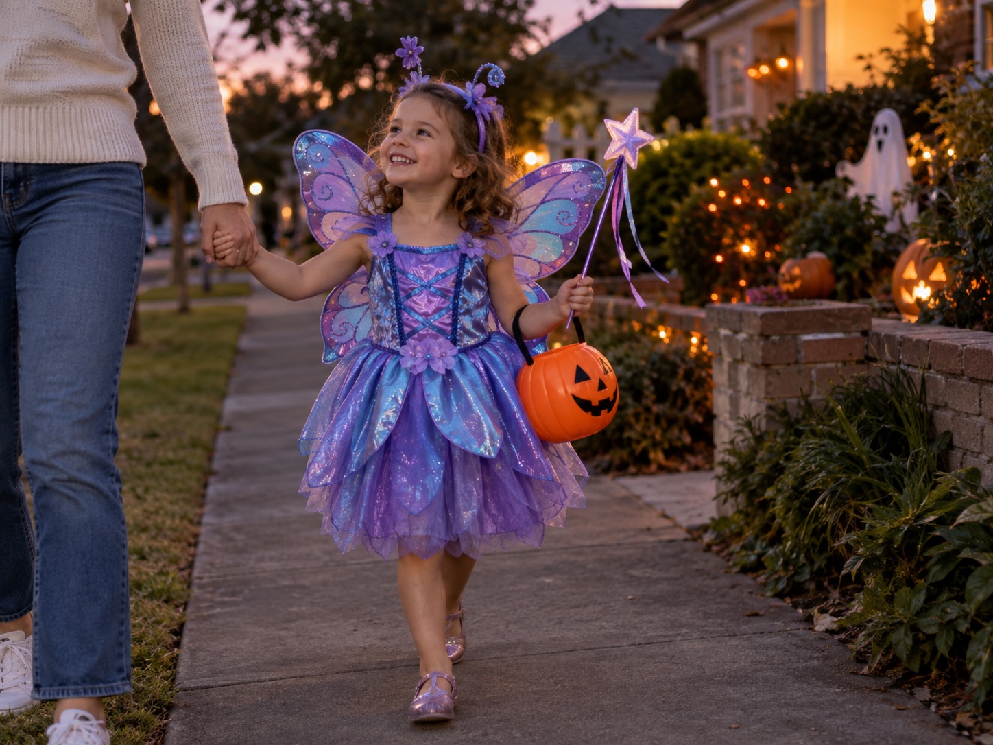 Child wearing a purple and blue butterfly fairy costume while trick-or-treating in Australia