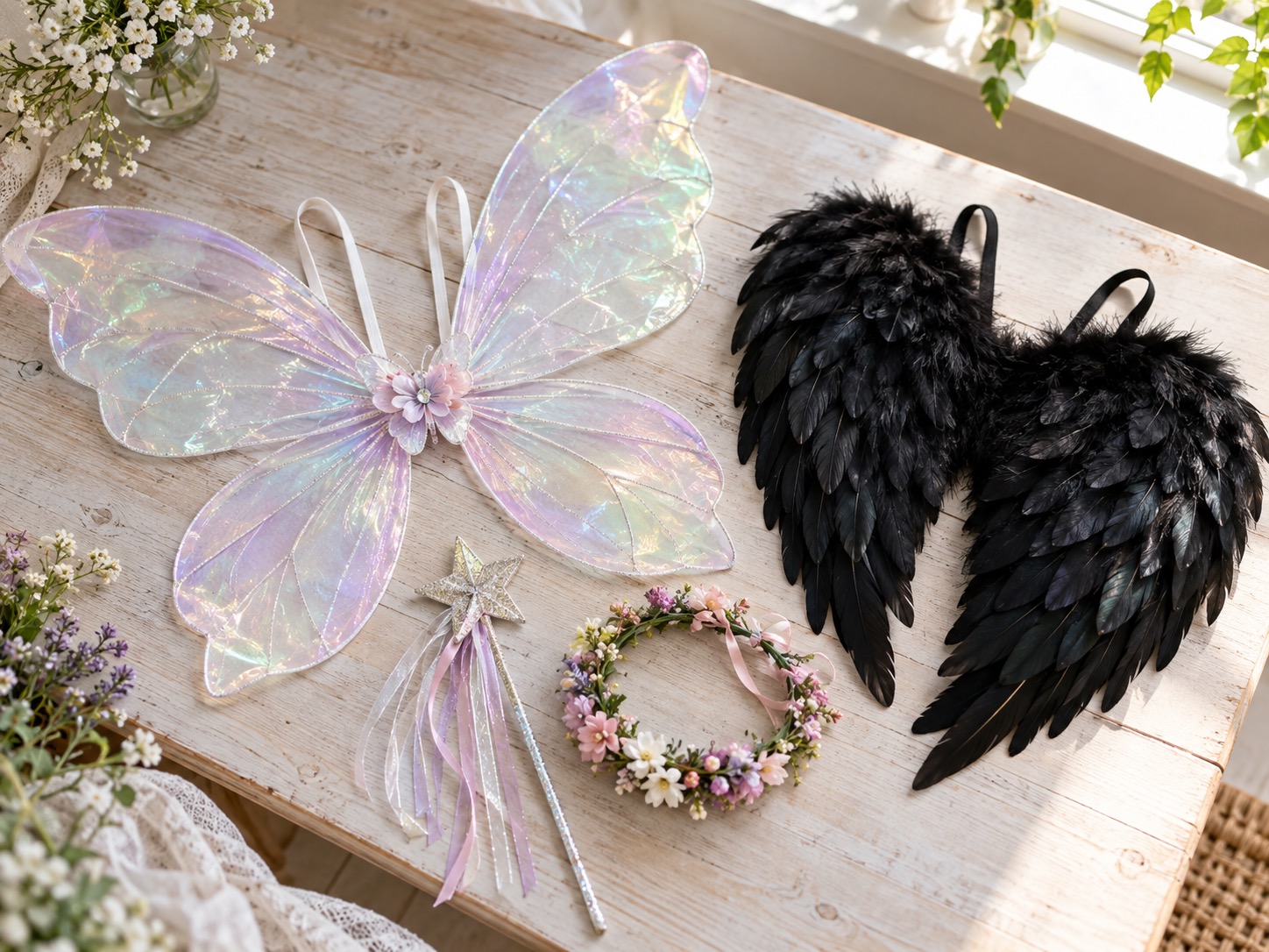 Iridescent fairy wings, a star wand, flower crown and black wings arranged as costume accessories