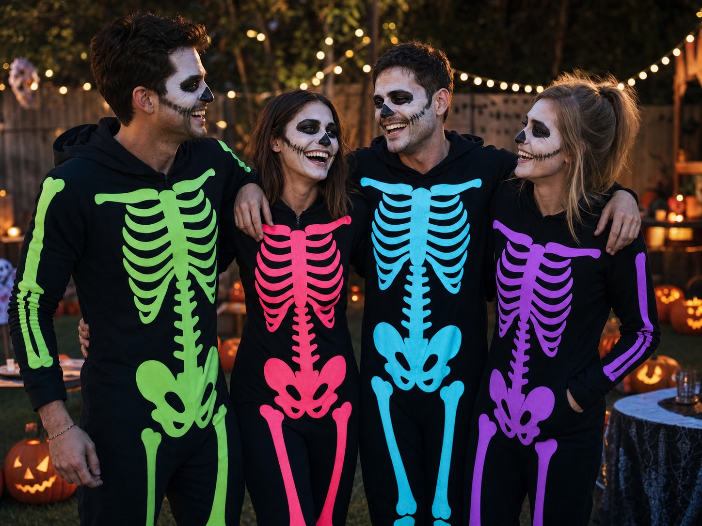 Adult friends in coordinated group Halloween costumes at a backyard party