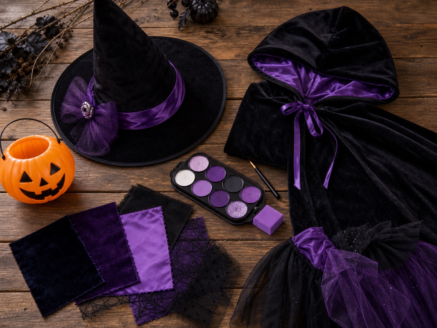 Coordinated family Halloween costume pieces in a black and purple colour story