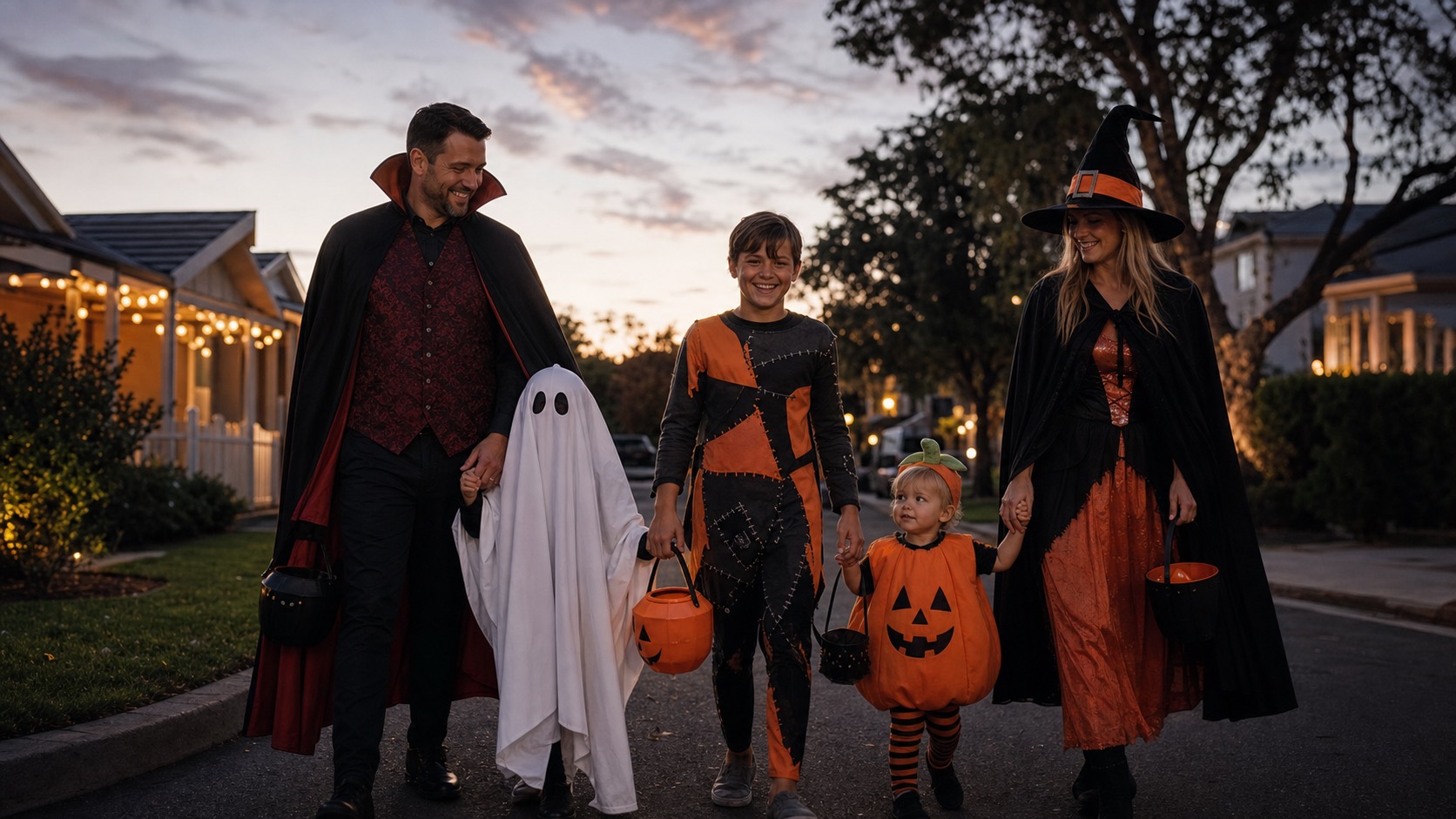 An Australian family in coordinated matching Halloween costumes at dusk