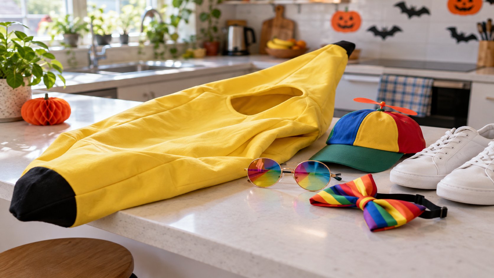 Banana costume, propeller cap, rainbow sunglasses and bow tie laid out on a kitchen bench for a Halloween party