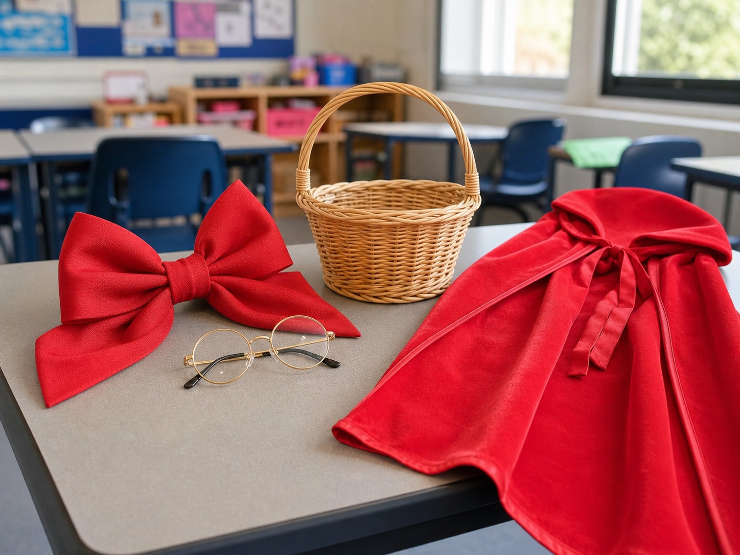 Girls Book Week accessories arranged on a school desk