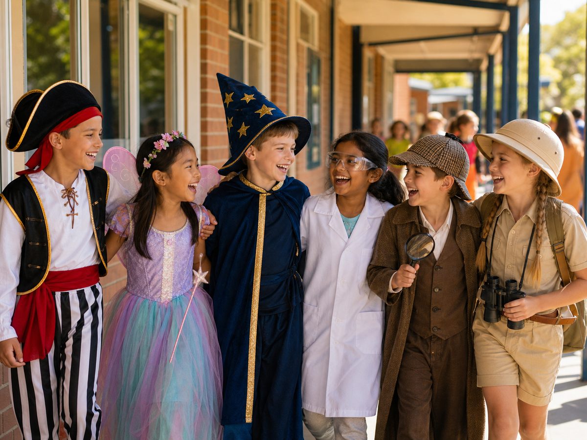 Group of primary school children dressed as different storybook characters during a Book Week parade