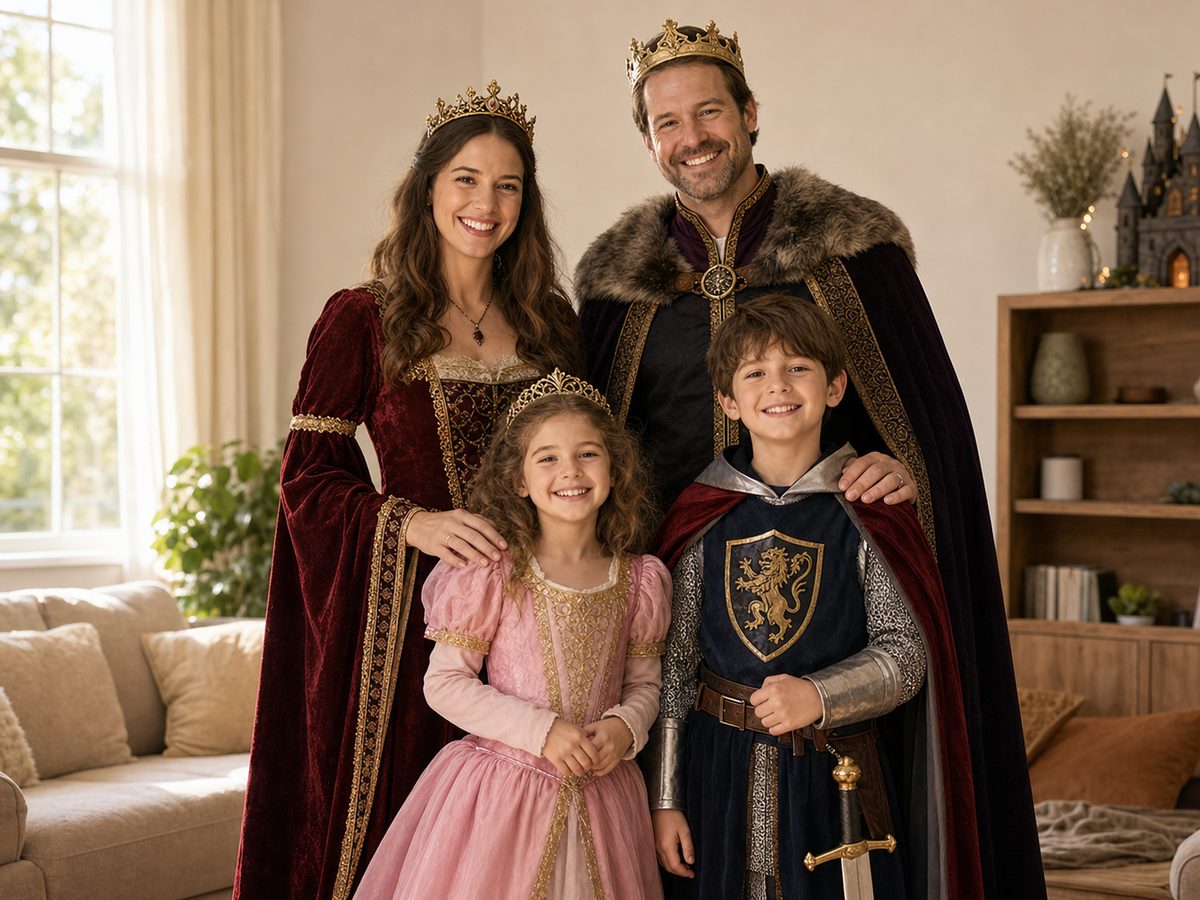 Family of four in coordinating fairy-tale Book Week costumes — queen, king, princess and knight