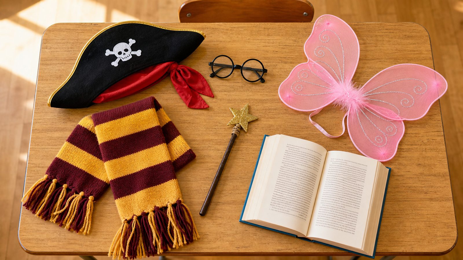 Book Week costume accessories flat-lay on a school desk — pirate hat, fairy wings, glasses, wand and a book