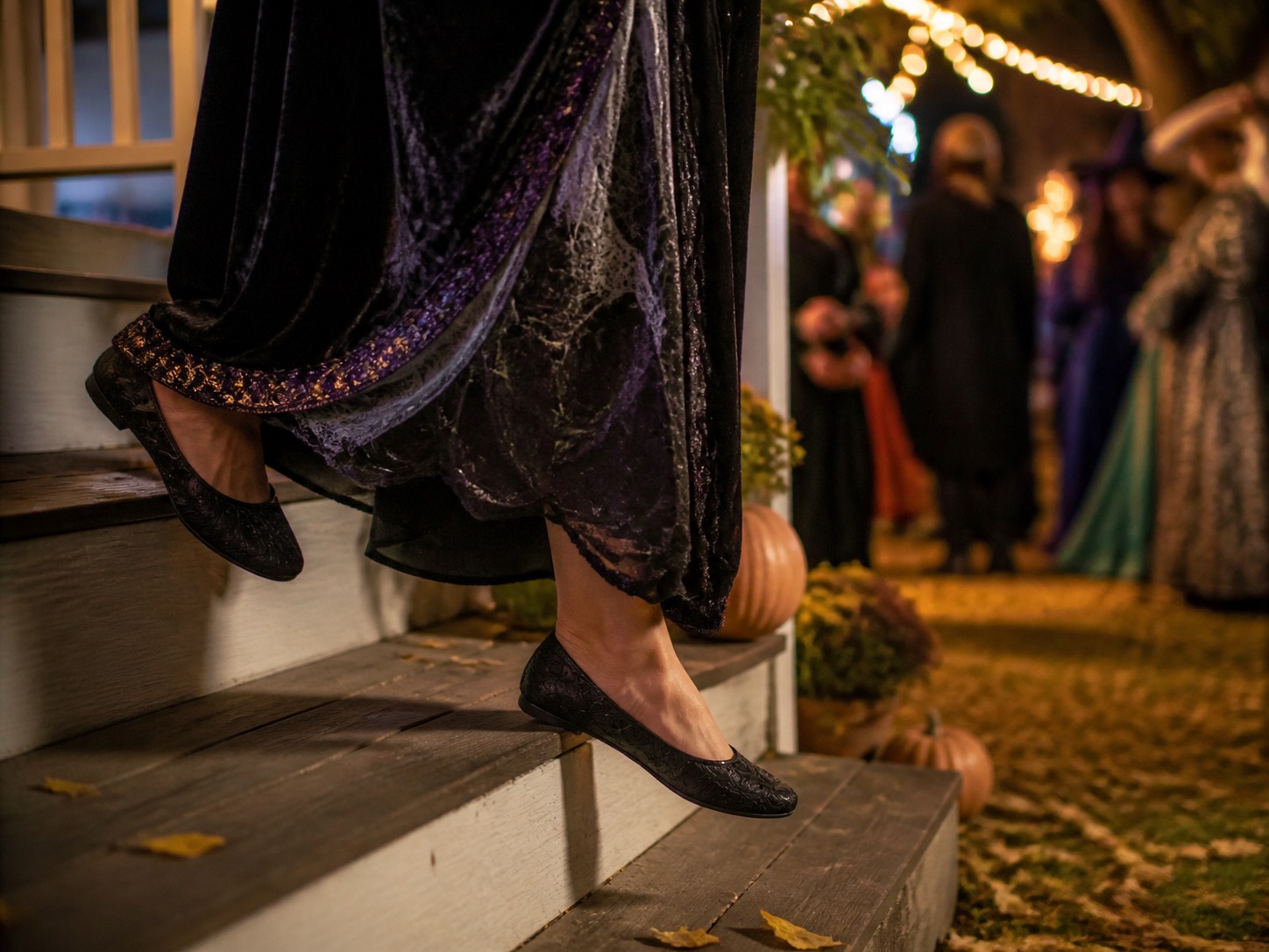 Comfortable flat shoes worn with a dark Halloween costume at an outdoor evening party