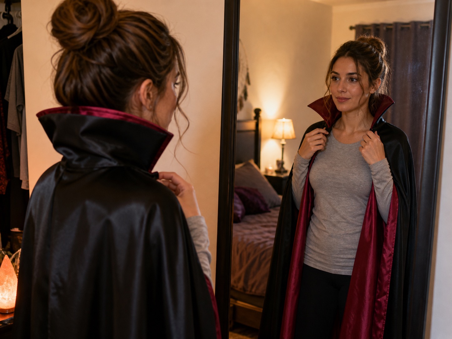 A woman adjusting a dramatic costume cape over a breathable base layer in a bedroom mirror