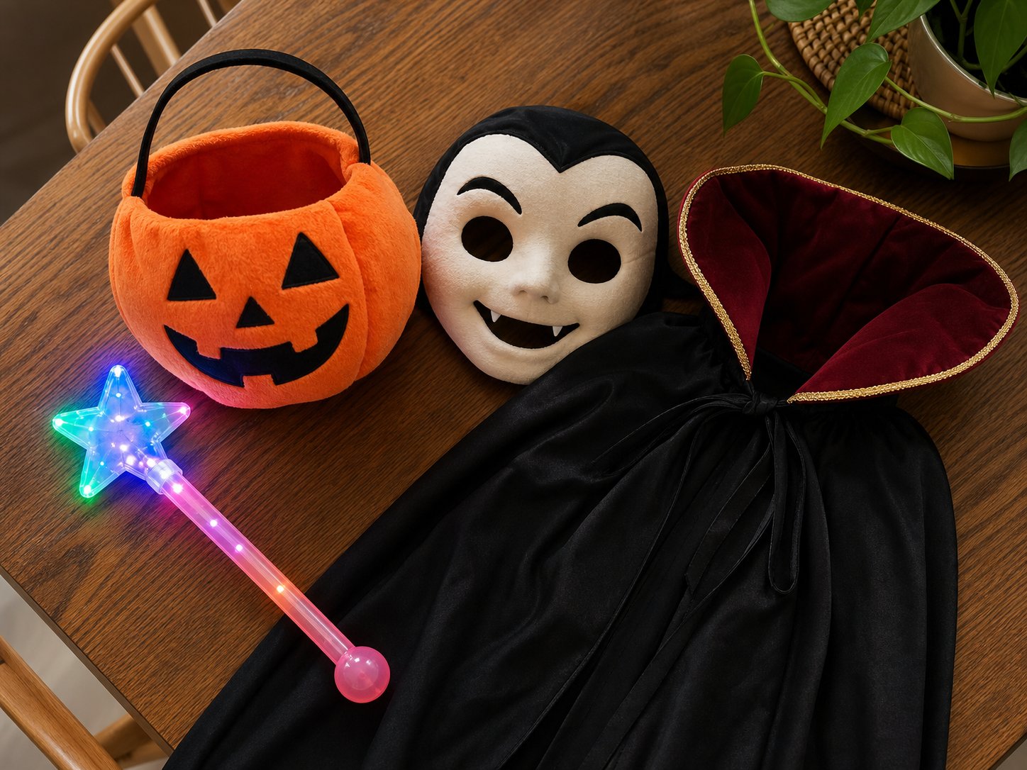 Flat lay of kid-friendly Halloween accessories: a plush pumpkin bucket, a glow wand, a soft mask and a cape with an exaggerated collar