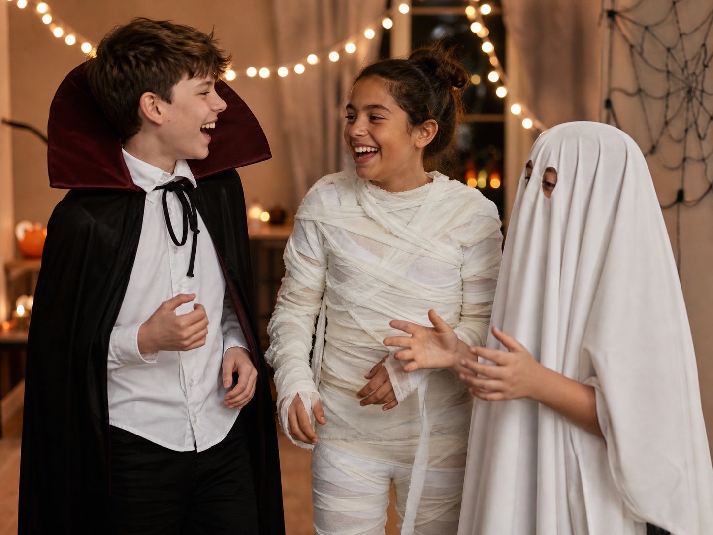 Three tween-aged kids in spooky-lite Halloween costumes, a vampire cape, a mummy wrap and a ghost sheet, laughing together at an indoor party