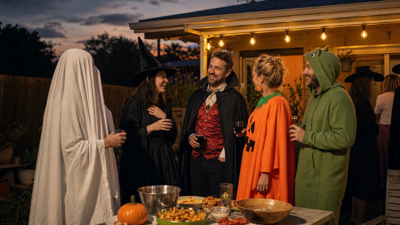 Australian backyard Halloween party at dusk with adults in generic scary and funny costumes under warm porch light
