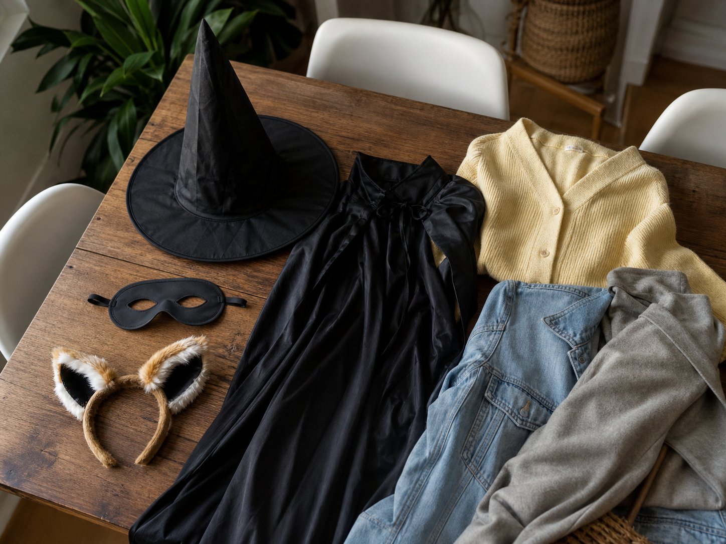 Generic costume accessories and weather-appropriate layers laid out on a dining table for Halloween planning