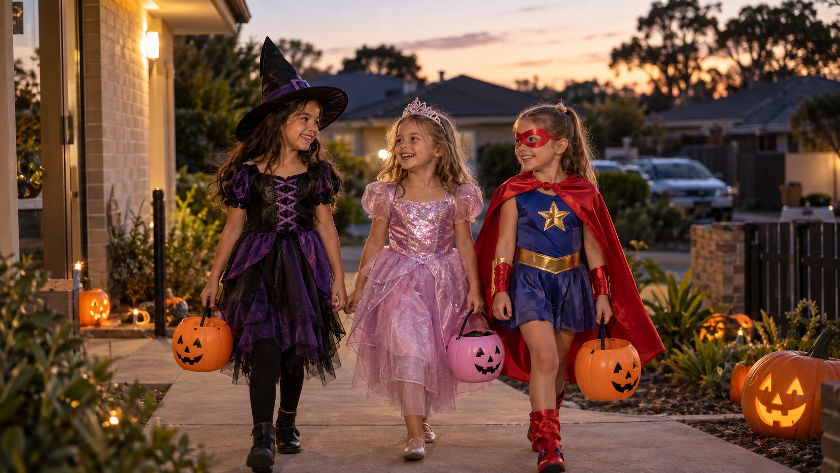 Young Australian girls wearing witch, princess and superhero Halloween costumes while trick-or-treating