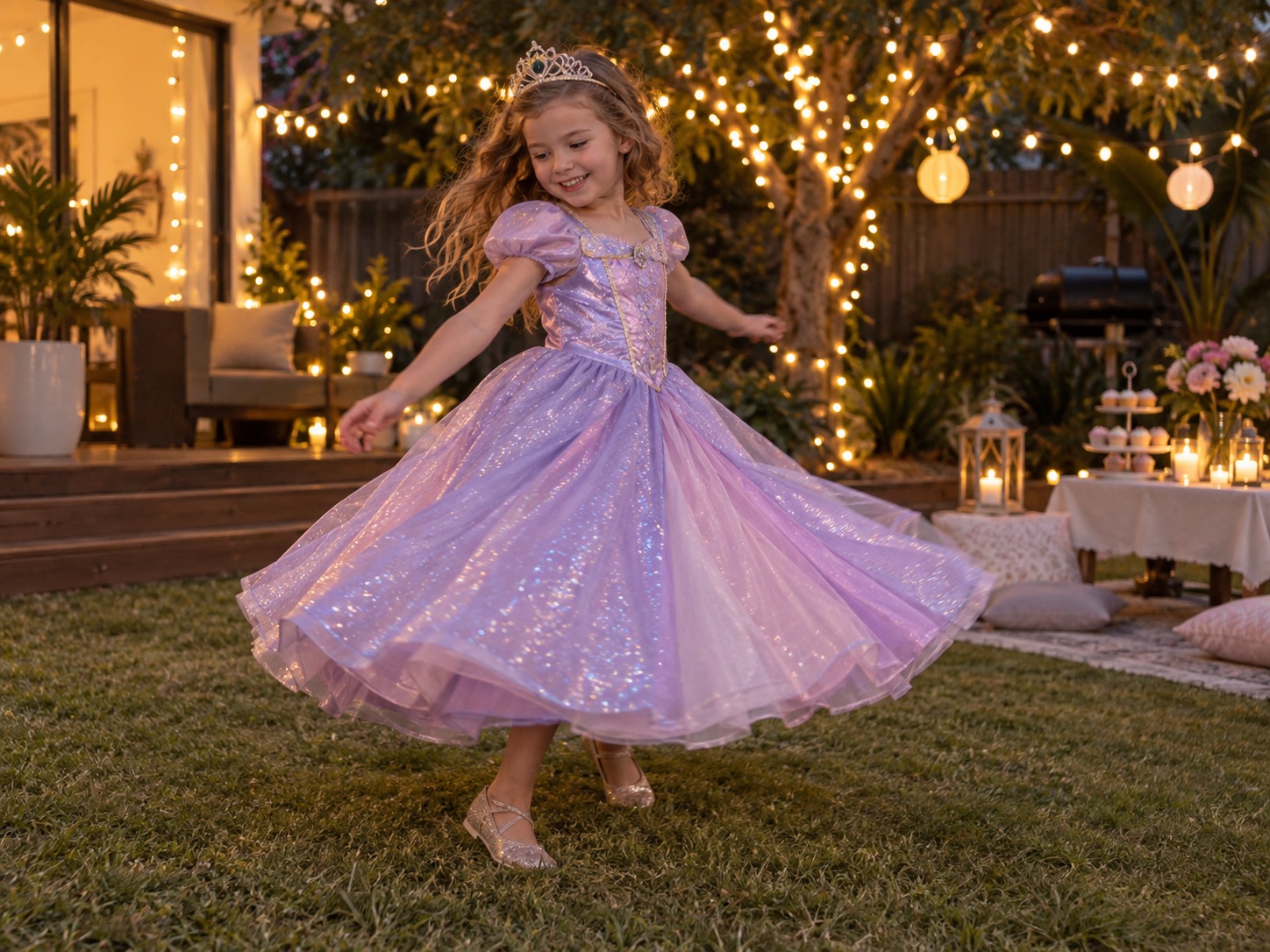 Young girl wearing a sparkly princess-style costume dress in a backyard with fairy lights