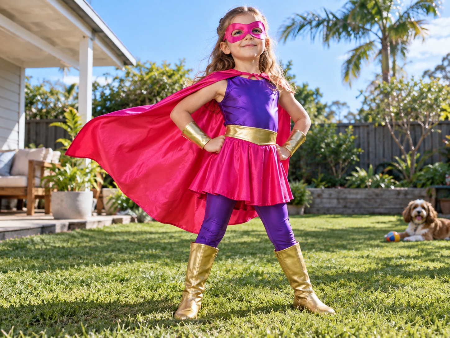 Young girl wearing a colourful caped superhero costume with a mask in a sunny backyard