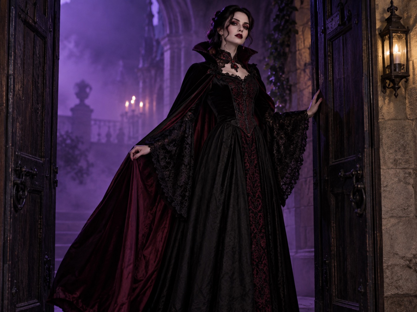 Woman wearing a dramatic gothic vampire costume with a high collar and long cape