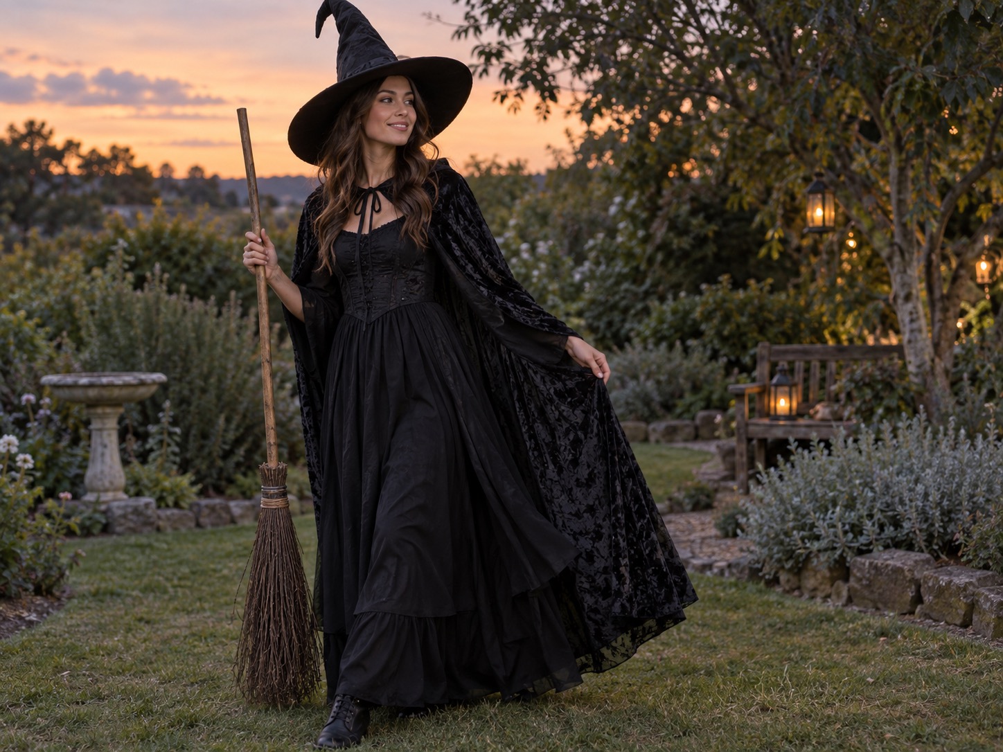 Woman wearing a classic witch costume with a pointed hat, flowing dress and broom prop