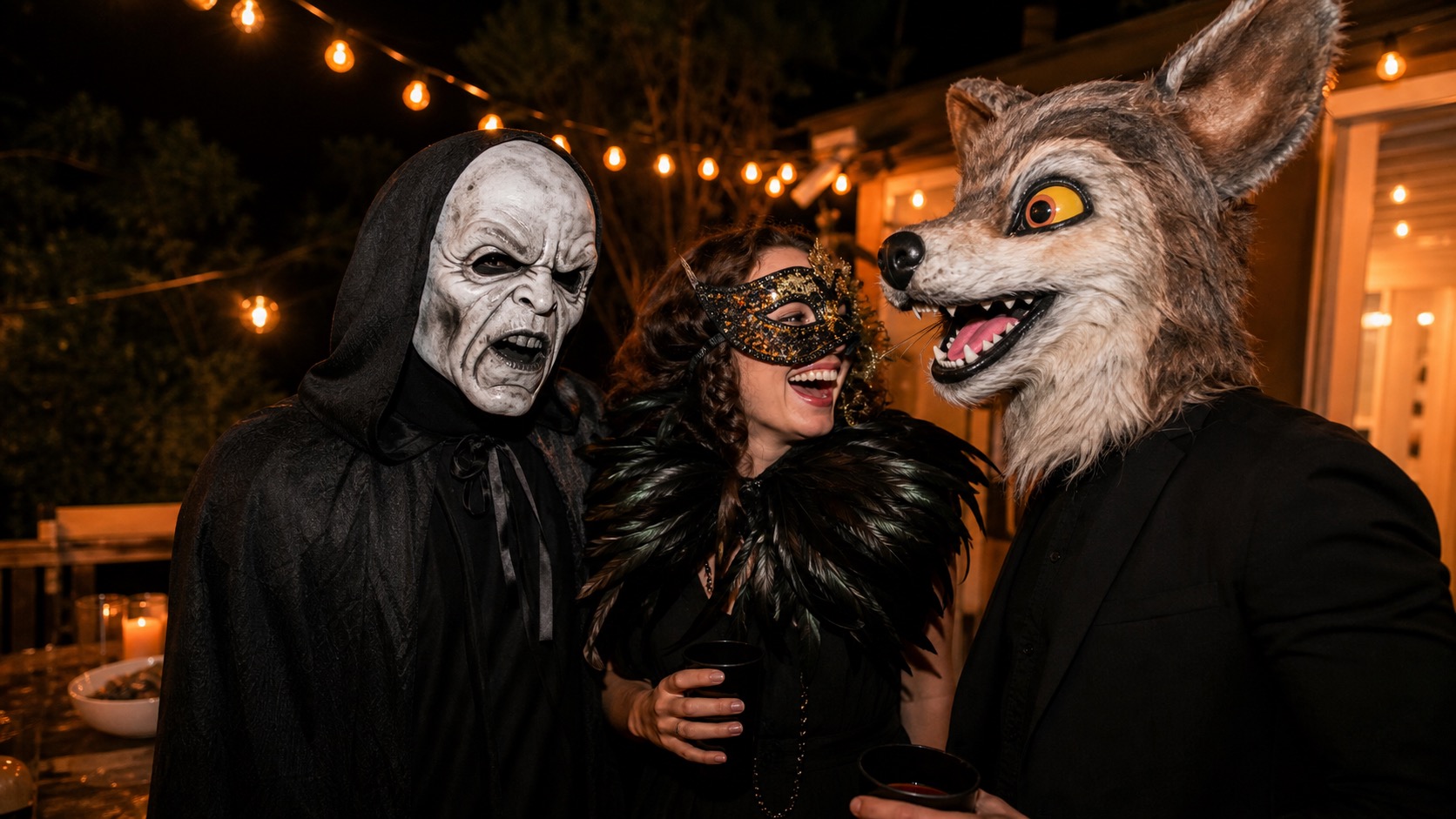 Three friends wearing different Halloween masks at an evening house party