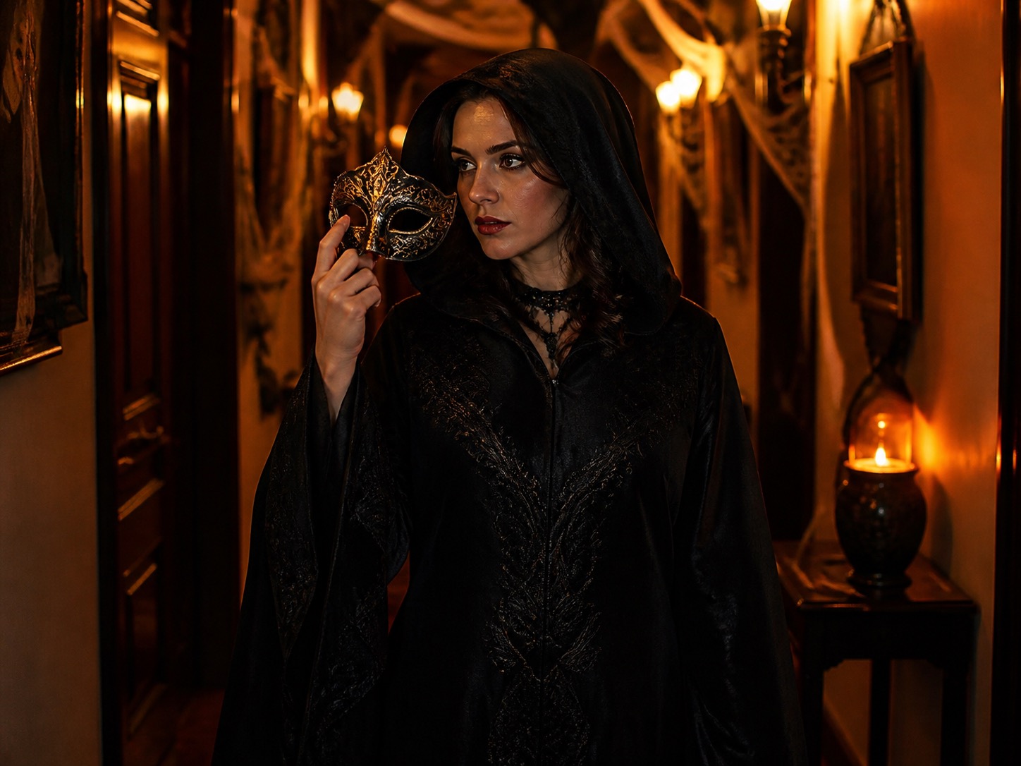 A woman in a hooded black costume robe holding an ornate half-mask beside her face
