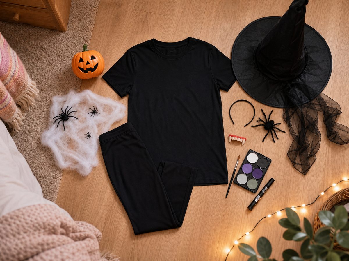 Last-minute Halloween costume kit flat-lay — black outfit, witch hat, fake cobwebs, fangs and face paint