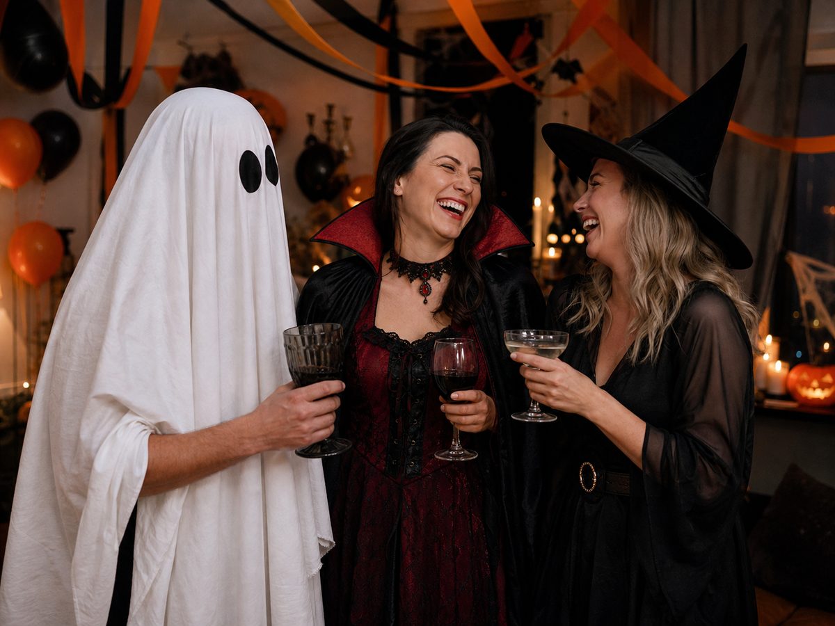 Three friends at an indoor Halloween party dressed as a ghost, a vampire and a witch