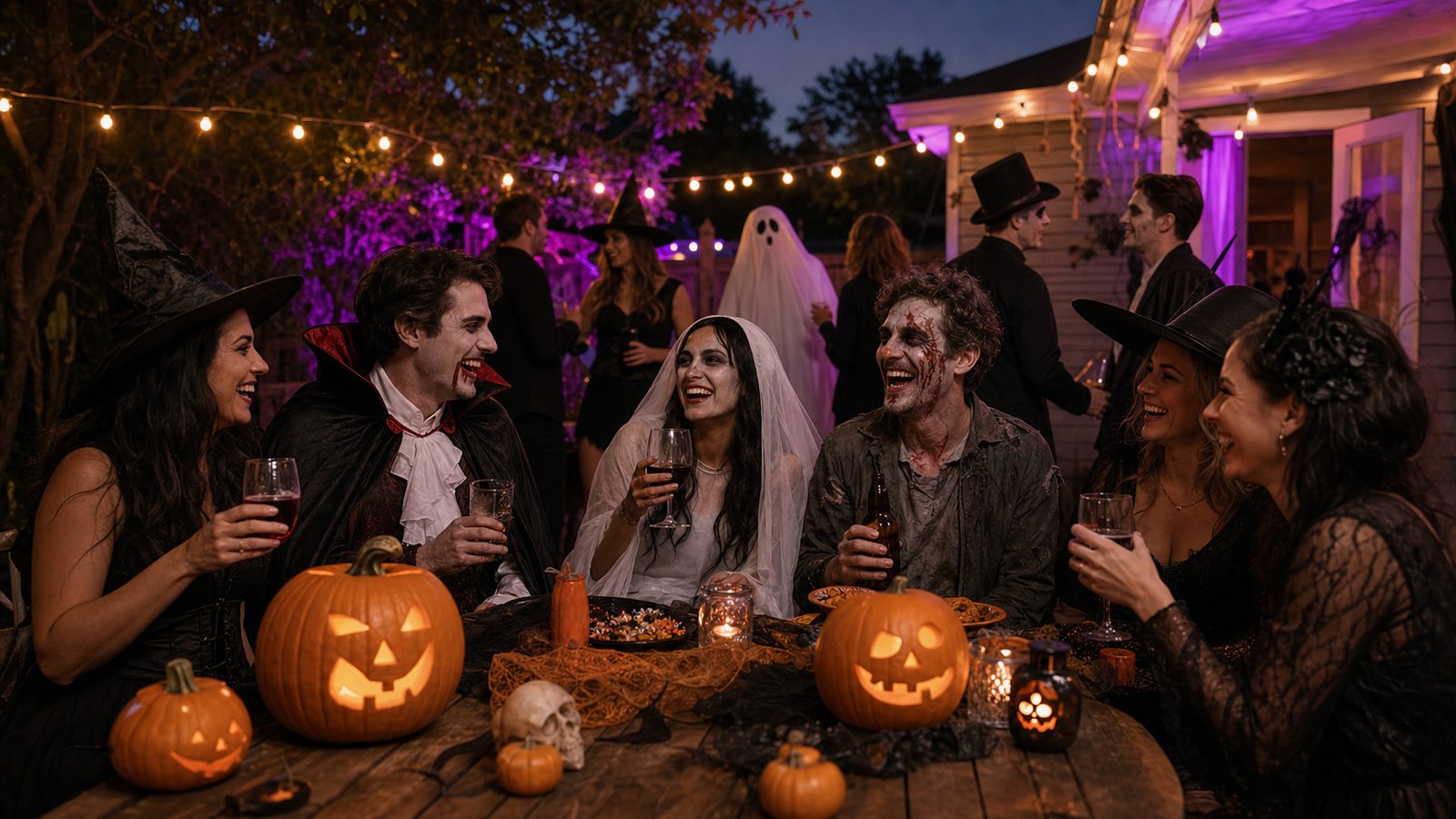 Australian backyard Halloween party at dusk with adults in witch, vampire, ghost and zombie costumes