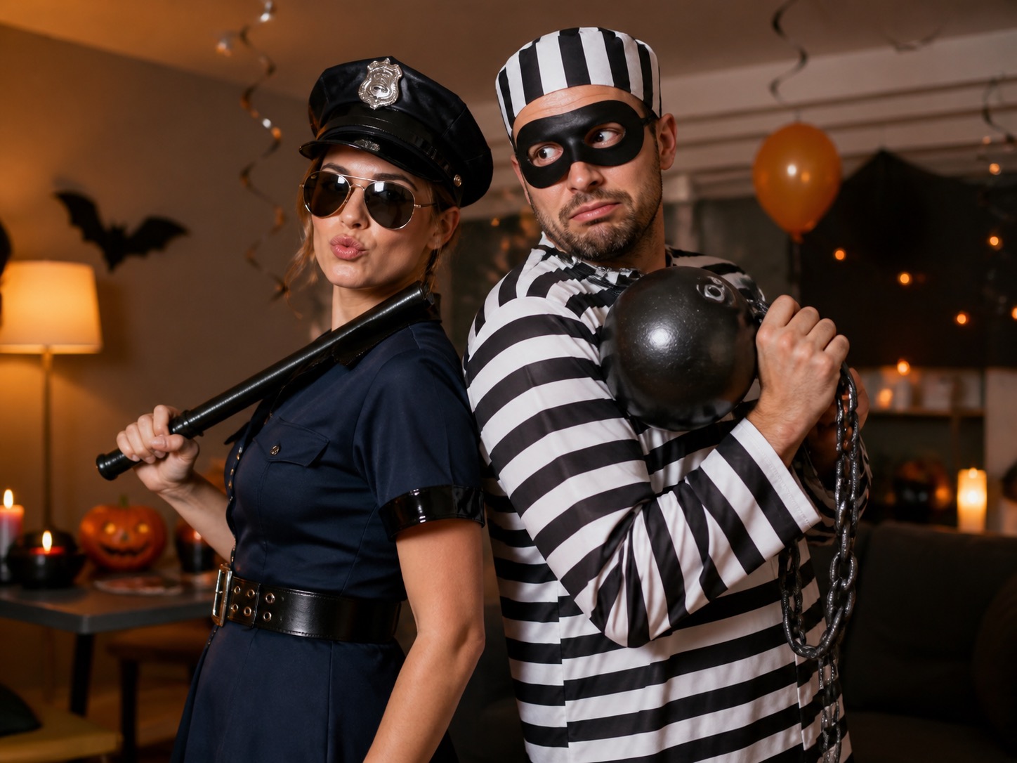 A cop and robber costume pair posing back to back at a Halloween party