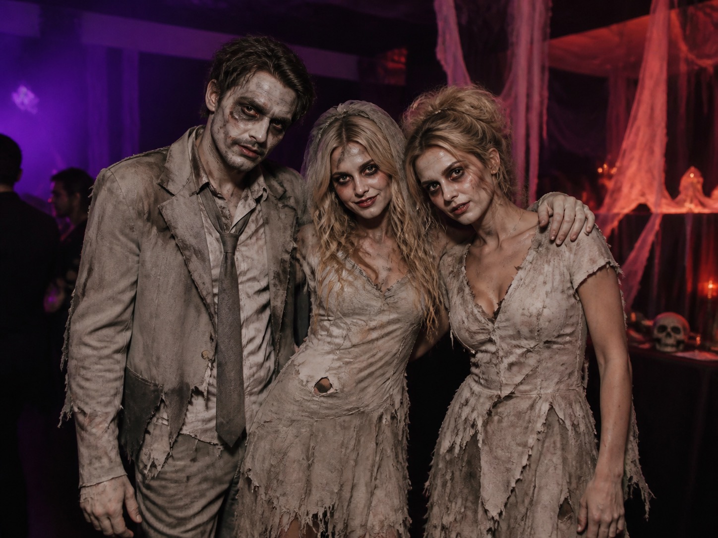 Three people in matching zombie-style Halloween costumes at a party