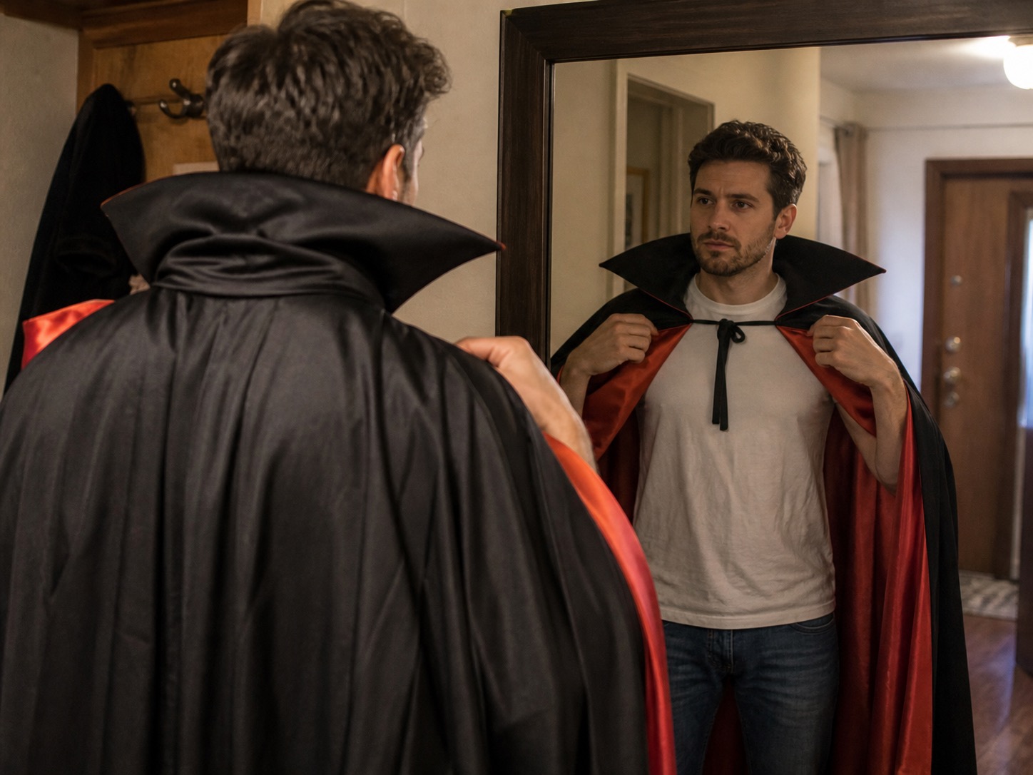 A man pulling a dramatic costume cape over ordinary clothes in a hallway mirror